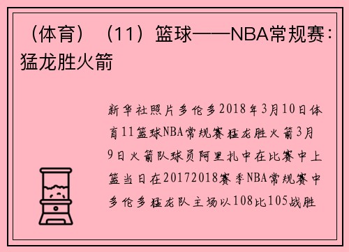 （体育）（11）篮球——NBA常规赛：猛龙胜火箭